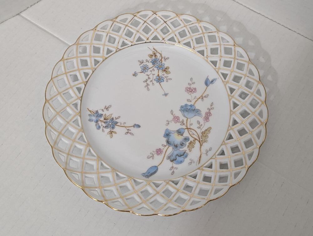 Antique Altrohla Austria Reticulated Plate Floral Gold Lattice Pierced